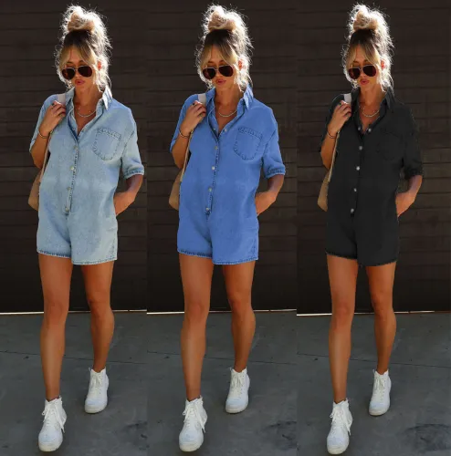 In stock S-XL Fall  Women denim overalls Long Sleeve black shirts Fashion Short Jean Jumpsuits