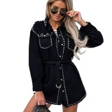 New arrival hot selling vintage casual street style rivet loose denim black jacket for women