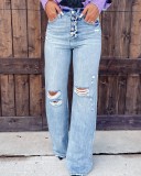 New arrival fashion street trend washed ripped hole high waist straight leg jeans for women