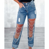 Fall Straight Jeans Women Holes Diamond Rhinestones Chains High Waist Fashion Streetwear Tassel Women Denim Pants Jeans