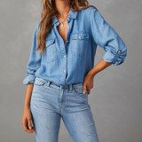 Channel Classic Button Down Roll Up Sleeve Denim Chambray Blue Jean Shirts For Women