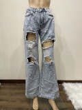 Womens High Waist Denim Ripped Jeans Destroyed Pants Distressed Loose Trousers