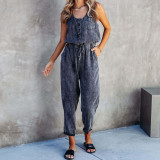 Channel Summer Casual Pockets Design Button Front Drawstring Waist Sleeveless Jeans Denim Jumpsuit Women 2023