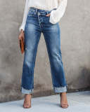 New arrival fashion city casual blue washed women's straight leg denim pants