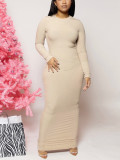 Foreign Trade Autumn and Winter Underlay Large Size Women's Dress Round Neck Long Sleeve Pencil Dress Slim Fit Waist Closed Solid Color High Waist Wrap Hip Skirt