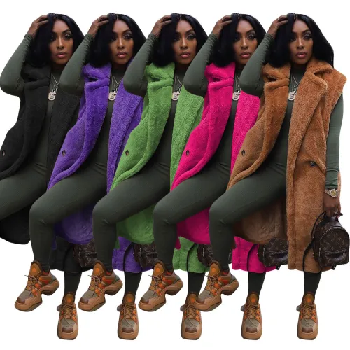 Cross border source of new European and American women's casual solid color plush sleeveless long cardigan jacket