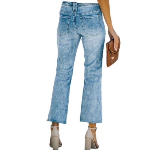 fashion new light blue frayed straight leg flared jeans ninth casual  jeans for women