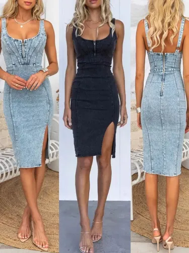 European and American cross-border Amazon independent station short sleeved U-neck strap vintage casual denim dress