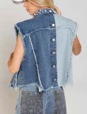 Summer New Denim Sleeveless Women'S Vest Fashion Casual Holes Waistcoat Jean Jacket Beaded Slim Coat