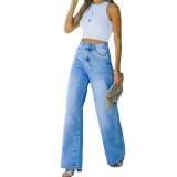 New ladies petal pocket temperament casual loose washed denim trousers wide leg pants baggy straight women's jeans