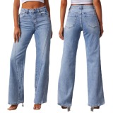 European and American style cross-border Amazon new fashion loose stitching wide leg women's jeans women 32149
