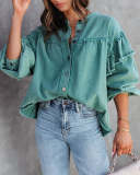 Demin Puff Sleeves Blouse Tops Casual Button Down Fashion Women's Blouses Shirts