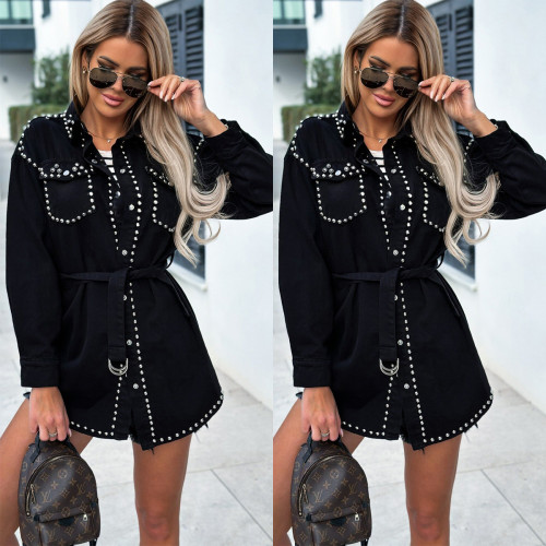 New arrival hot selling vintage casual street style rivet loose denim black jacket for women