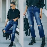 Wholesale Women's Hole Breaking Jeans Slim High Waist Pipe Pants Straight Trousers
