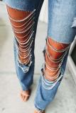 Fall Straight Jeans Women Holes Diamond Rhinestones Chains High Waist Fashion Streetwear Tassel Women Denim Pants Jeans