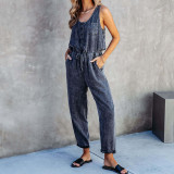 Channel Summer Casual Pockets Design Button Front Drawstring Waist Sleeveless Jeans Denim Jumpsuit Women 2023