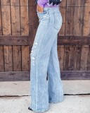 New arrival fashion street trend washed ripped hole high waist straight leg jeans for women