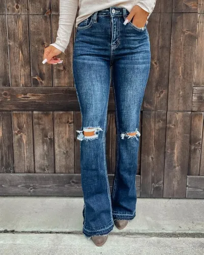 New arrival fashion street trend split ripped hole denim pants high waist flared jeans for women