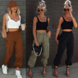 Cross border multi pocket workwear pants for women with elastic waist and loose drawstring tied feet, woven casual pants for Europe and America