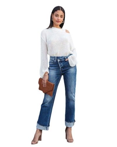 New arrival fashion city casual blue washed women's straight leg denim pants