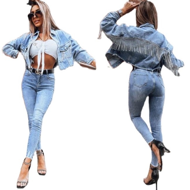 ecoparty  Fall Fashion Ladies Denim Short Jacket With Rhinestone Fringe Loose Jacket Top