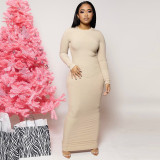 Foreign Trade Autumn and Winter Underlay Large Size Women's Dress Round Neck Long Sleeve Pencil Dress Slim Fit Waist Closed Solid Color High Waist Wrap Hip Skirt