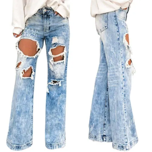 Womens High Waist Denim Ripped Jeans Destroyed Pants Distressed Loose Trousers