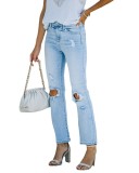 Cross border autumn and winter new street trendy denim blue washed mid rise light colored jeans from Europe and America