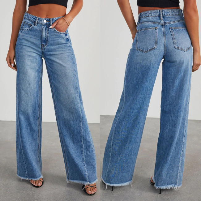 Avinie Women Clothing Winter High Quality Fashion Baggy High Waist Jeans Blue Washed Wide Leg Jeans