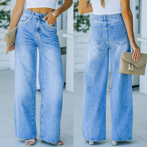 New ladies petal pocket temperament casual loose washed denim trousers wide leg pants baggy straight women's jeans
