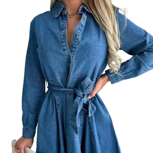 Casual Long Sleeve Retro Dress Lapel Collar Fashion Lace Up Waist Lady Office A line Denim Dress