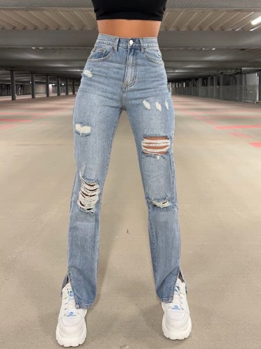 Cross border European and American Spring/Summer New Urban Leisure Washed Hole Straight-tube Jeans