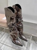 New European and American thick heeled pointed golden silver illusion laser glossy pleated cross-border oversized long sleeved women's boots