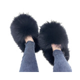 Cross border European and American new real raccoon fur slippers for women to stay at home in autumn and winter, plush and warm, real fur grass anti slip