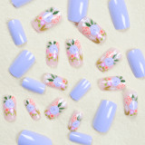 Wearing blue flower nail polish in Europe and America, wearing pink rose nail patches, cute cartoon fake nail patches