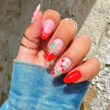 Wearing blue flower nail polish in Europe and America, wearing pink rose nail patches, cute cartoon fake nail patches