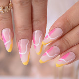 Wearing medium length almond nail patches, finished French line nail patches, fake nails, nail patches, pointed water drop nail patches