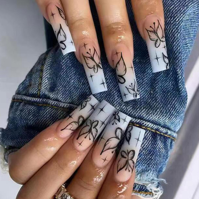 Wearing long gradient nail patches, black butterfly nail patches, fake nails, smoky black gradient nail patches, nail patches