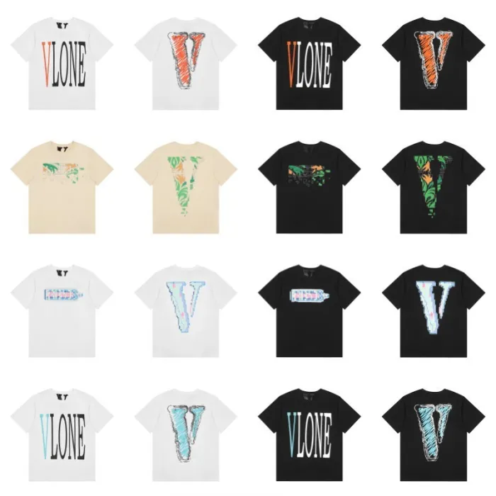 New VLONE FAST Graffiti Hand-painted Flower Big V Letter High Street Couple Round Neck Short Sleeve T-shirt Summer