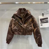 Internet celebrity's new winter niche spicy girl drawstring strap double layered collar bright surface warm down jacket