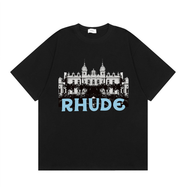 American High Street Trendy RHUDE Palace Castle Letter Print Casual Loose Short sleeved T-shirt Unisex Summer