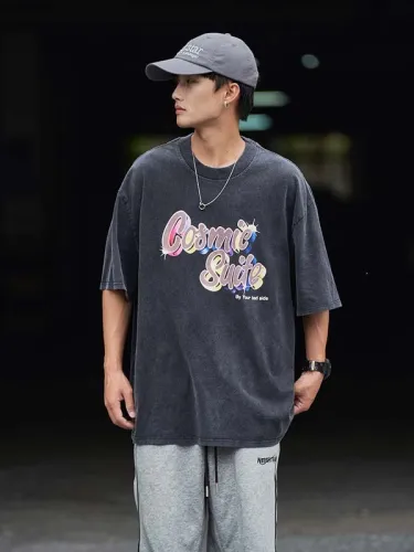 GALLERY DEPT TIDE Rainbow Gold Stamping 3D Visual Letter Print Retro Worn Washed Short Sleeve T-shirt Summer