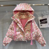 Internet celebrity's new winter niche hand-painted small flower cartoon pattern sweet and spicy hooded down jacket