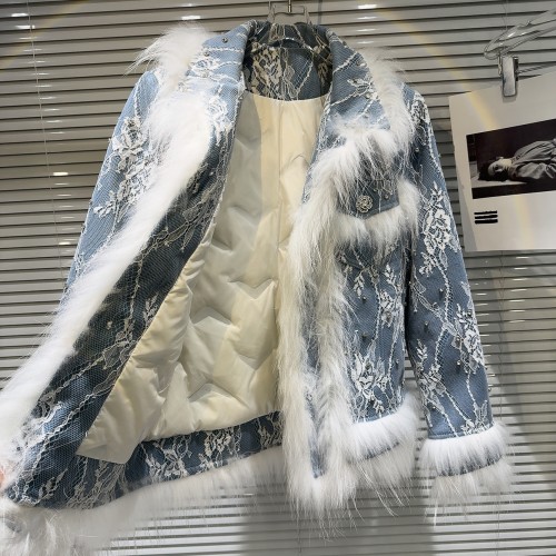 Internet celebrity and winter new style small fragrant fox fur edge lace hook flower down lining denim short jacket
