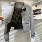Internet celebrity's new winter style small fragrant style bow tie with slanted edge buckle, lace sleeve, down lining, woolen short jacket