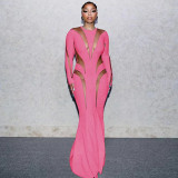 Summer New Long Sleeve Round Neck See Through Solid Color Sexy Dress Slim bodycon Sexy Women's Dresses