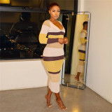 Avinie Winter Hot Sale Women Clothing Splicing Bodycon Dress Long Sleeves Midi Knitted Dress