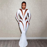 Summer New Long Sleeve Round Neck See Through Solid Color Sexy Dress Slim bodycon Sexy Women's Dresses
