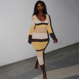 Avinie Winter Hot Sale Women Clothing Splicing Bodycon Dress Long Sleeves Midi Knitted Dress