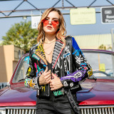 Factory direct wholesale printing women's short PU jacket motorcycle clothing leather jacket women's jacket